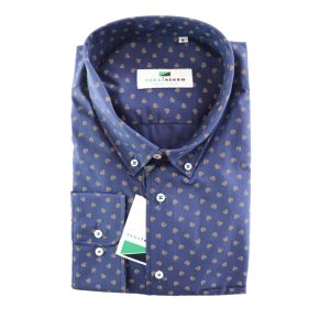 Camisa algodón/poliéster azul oscuro con detalles en ocre