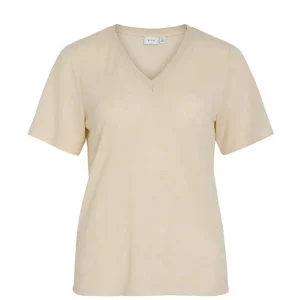 Camiseta cuello pico ribeteado beige VILA