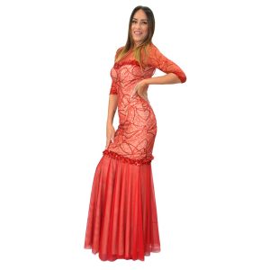 Vestido largo rojo tul encaje brillante