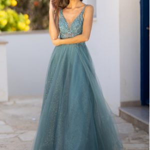 Vestido de noche en tul brillante en jade