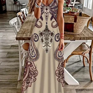 VESTIDO ESTAMPADO BEIGE CON MARRON