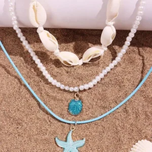 COLLARES DE CONCHAS Y ESTRELLA DE MAR AZUL