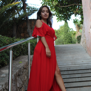 vestido largo rojo gasa cruce en la cintura