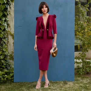 Vestido midi con peplum y escote profundo – Granate y Azul Marino