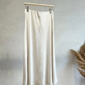 Falda midi Beige de algodón y lino