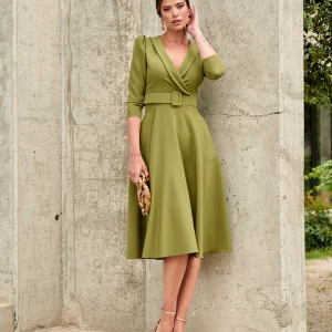 Vestido midi con drapeado y manga larga – Kaki, Chocolate, Negro y Granate